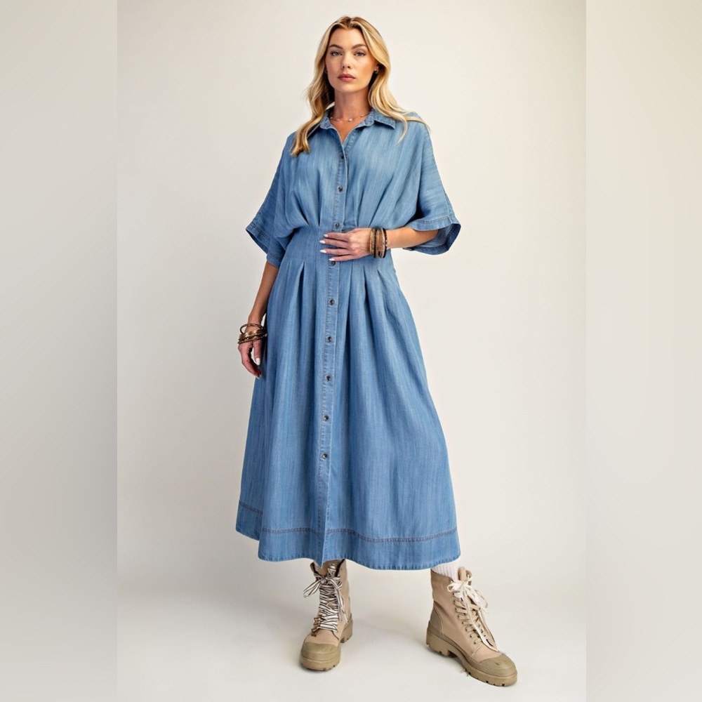 NEW 🌟 EASEL BUTTON DOWN WASHED DENIM SHIRT DRESS SML NWT COTTON MIDI Maxi boho